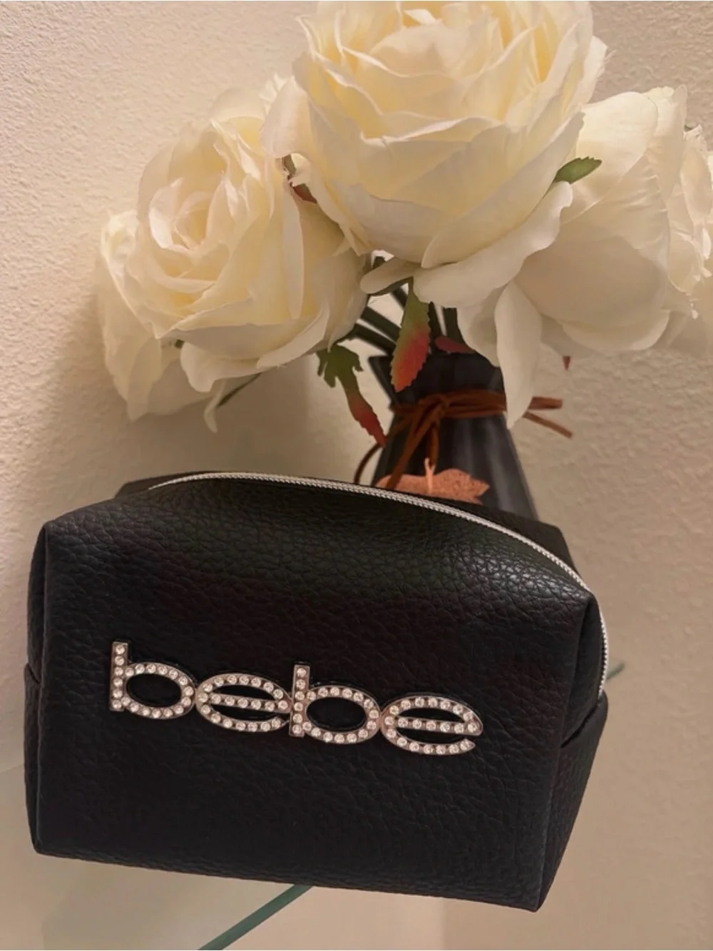 bebe Black Faux Leather Cosmetic Pouch with Crystal Logo